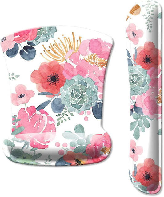Keyboard Wrist Rest Pad and Mouse Wrist Rest Support, Comfort Wrist Rest Pad with Non-Slip Rubber Base & Memory Foam Support for Working Gaming Fatigue Pain Relief Pink Floral